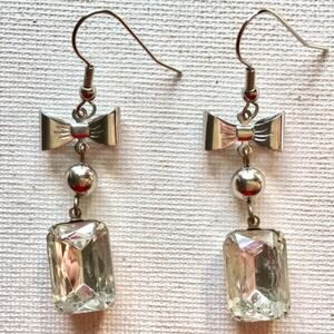 Vintage Silvertone Rhinestone Bow Earrings